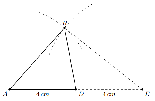 Step 5: Points A and E are joined to B, forming triangle ABE.